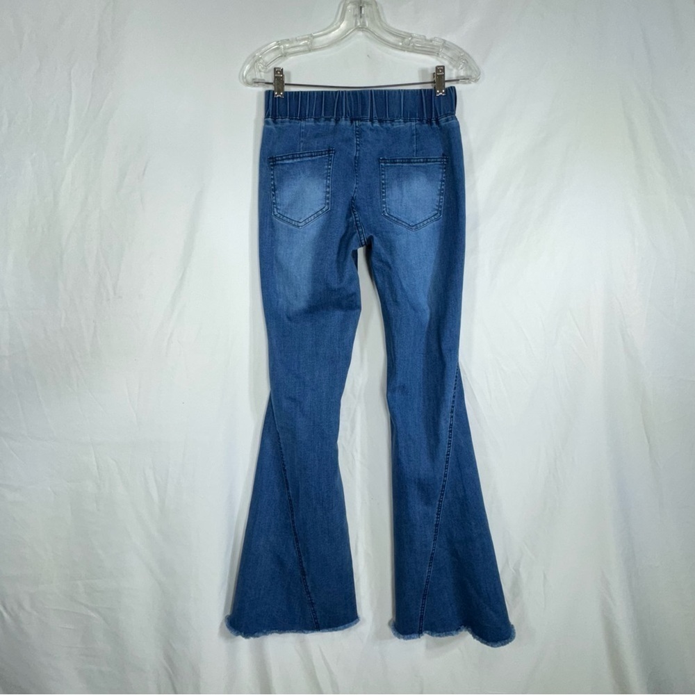 Women’s Red Plaid Patchwork Knee Distressed Pull-On Flared Frayed Jeans - Picture 3 of 6